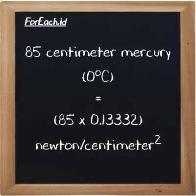 How to convert centimeter mercury (0<sup>o</sup>C) to newton/centimeter<sup>2</sup>: 85 centimeter mercury (0<sup>o</sup>C) (cmHg) is equivalent to 85 times 0.13332 newton/centimeter<sup>2</sup> (N/cm<sup>2</sup>)
